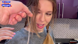 The flatmate-bitch doesn't mind periodic fucking in the kitchen and get sperm in her mouth and pigtails