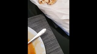 Step Mom Risky Footjob under Table make Step Son Sperm on her Leggings