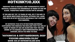 Hotkinkyjo & Dirtygardengirl deep fucking anaconda dildo
