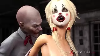 Joker bangs rough a alluring sweet blonde in a clown mask in the abandoned room