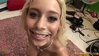 Blonde youngster licks his humongous penis then she bends over and gets twat pounded hard core.