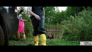 Submissive painslut softened up for painal punishment with some dunks in the pond - Lydia Ebony and Charlotte Sartre in a real outdoor BDSM sex documentary filmed in Wisconsin