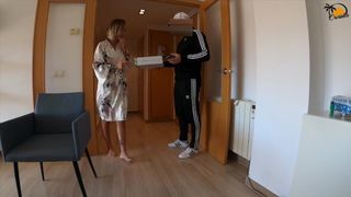 Spanish Pizza Lover gets Surprise BLOWJOB and fuck from tattooed blond bitch