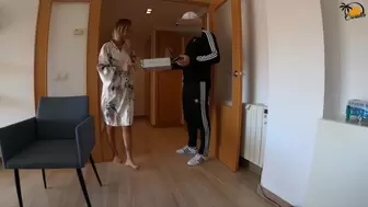 Spanish Pizza Lover gets Surprise BLOWJOB and fuck from tattooed blond bitch
