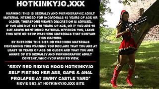 Cute Red Riding Hood Hotkinkyjo self fisting her bum, gape & anal prolapse at Swiny Castle yard