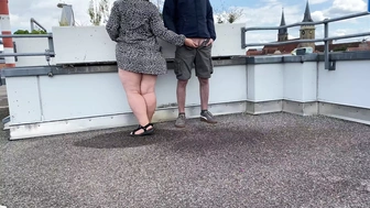 Stunning pissing mother-in-law helps son-in-law piss on the top of the parking lot
